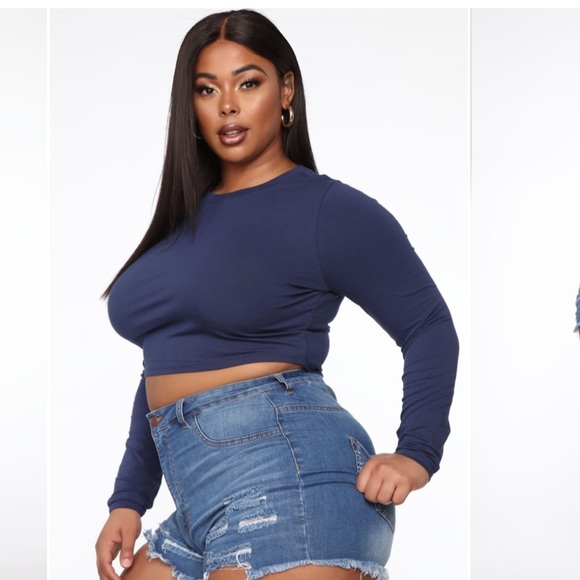 3X Navy long sleeve crop top soft lightweight tee shirt material. - Picture 4 of 11